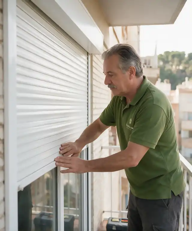 Técnico de Taller La Lama comprobando una persiana nueva de aluminio en el balcón de un piso de Rubí
