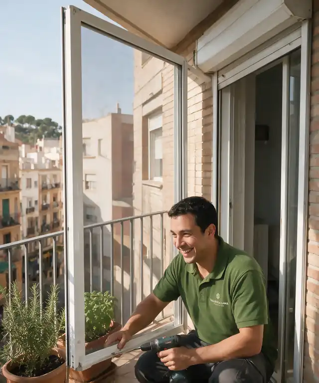 Técnico montando una mosquitera corredera en el balcón de un bloque de ladrillo de Rubí