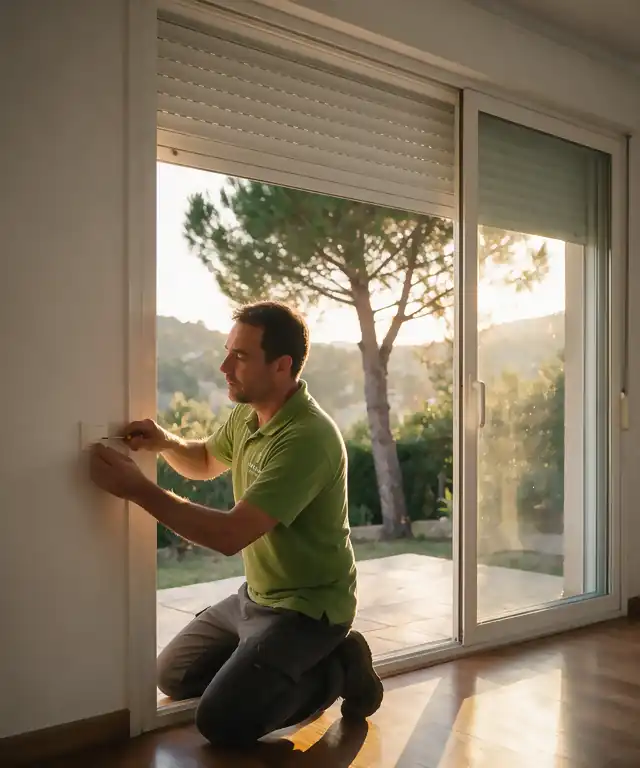 Técnico de Taller La Lama ajustando el pulsador de una persiana motorizada en una casa con jardín de Rubí